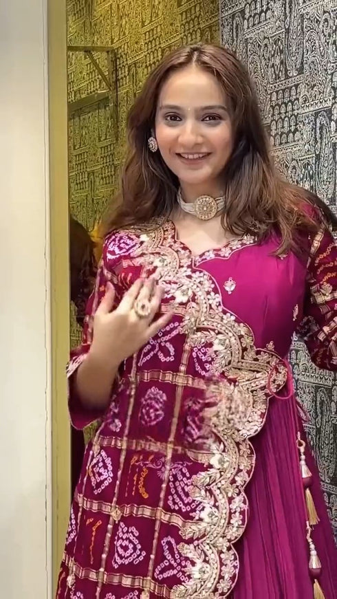 Royal Rani Pink Bandhej Anarkali Set with Embroidered Gota Work Dupatta